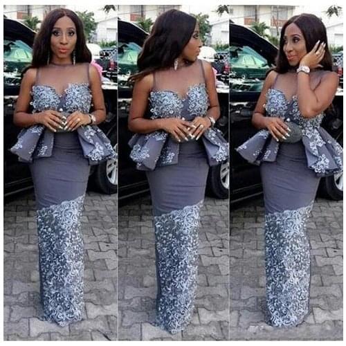 Aso Ebi Sexy Mermaid Evening Dresses Nigerian Styles Sheer Neck Satin Lace Appliques Mermaid Prom Dress Plus Size Party Gowns