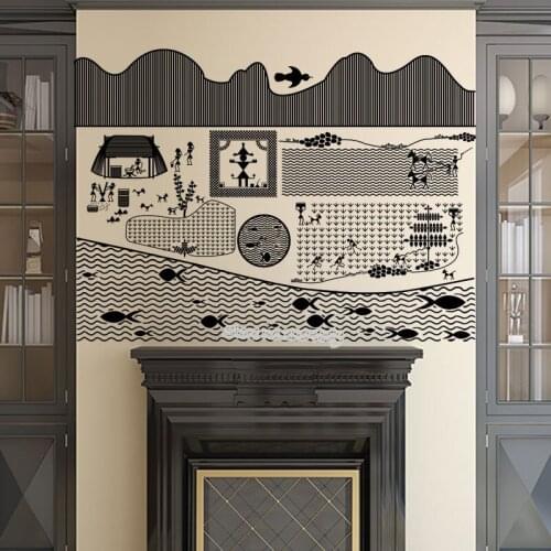 Tribal life Warli Village wall decal tribal enjoying village farming Holy festival Sticker Living room mural decor EA440