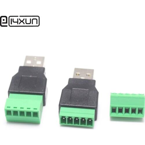 1Pcs USB 2.0 A Male to 5 Pin Screw Green Terminal Connector with Shield Free-Welding USB to Terminal Plug Adapter