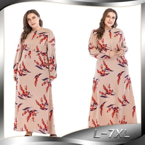 Plus Size L-7XL Women Muslim Dress Print Big Swing Dubai Arab Hijab Party Dresses Loose Turkish Kaftan Robe Islamic Clothing New