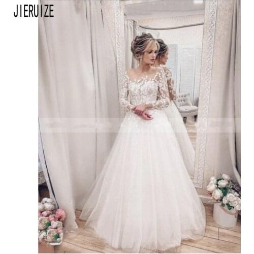 JIERUIZE Romantic Boho Wedding Dresses Long Sleeves Sheer Scoop Neck Lace Appliques Button Back Wedding Gowns Vestido De Noiva