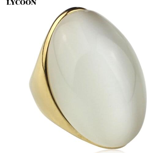 LYCOON luxury opal ring stainless steel plate Gold color setting white egg shape cats eye stone for women party rings LYD0193