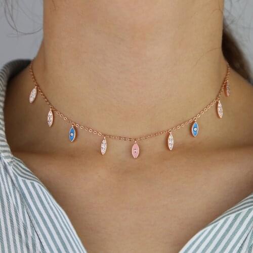 Rose gold Color pastel white pink blue enamel evil eye charms choker necklace lucky cute lovely eye charm jewelry