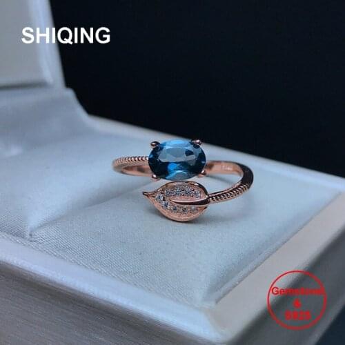 SHIQING Fine jewelry nature blue topaz 925 sterling silver leaf gemstone rings for party