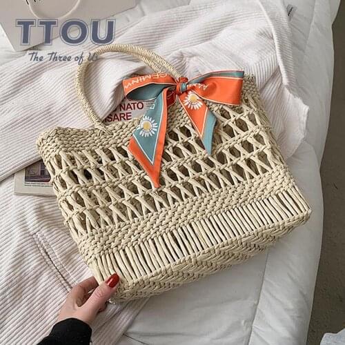 Summer Womens Straw Woven Shoulder Bag Casual Handmade Beach Vacation Female Handbag Designer Large-Capacity Shopping Bag