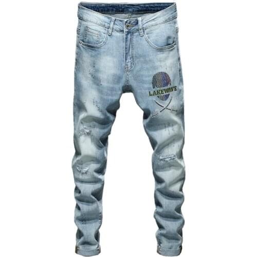 Streetwear Hip Hop Slim Men Pants Mens Jeans Skinny Light Blue Ripped Biker Jeans Guinness for Men Patchwork Mens Trousers