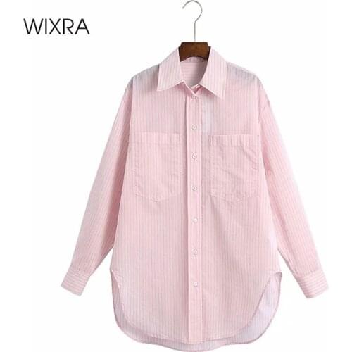 Wixra 2021 Spring Summer Elegant Pink Striped Blouses Turn Down Collar Casual Pink Loose Tops For Ladies
