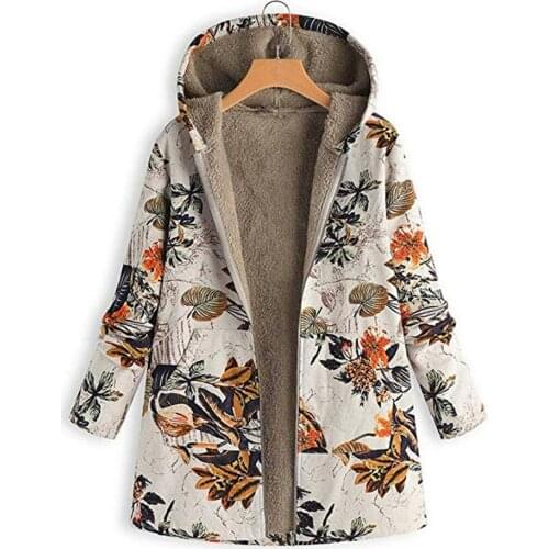 Womens Jacket Cotton and Linen Sweater Plus Velvet Thick Warm Cotton Jacket Hot Sale Floral Print Hooded Plush Jacket Women