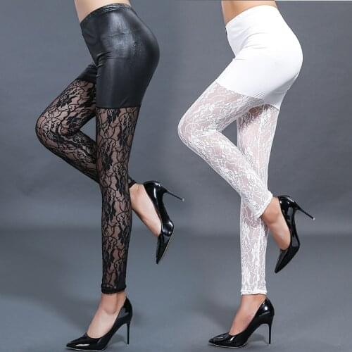 Lady sexy punk lace leggings fashion front zipper leggings night bar club floral gothic legging white fake leather pant
