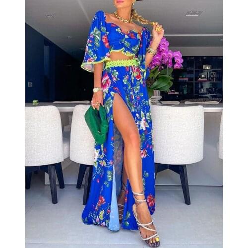 2021 Holiday Summer Short Sleeve Pullover Chic Design Top High Slit Two Piece Set Dress Suit Women Long Beach Skirt And Crop Top