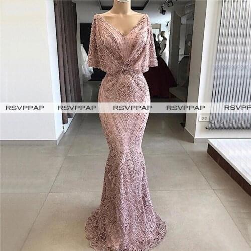 Dubai Arabic Long Mermaid Evening Dresses 2021 Sexy Lace V-neck Women Formal Evening Gowns Abendkleider robe de soiree