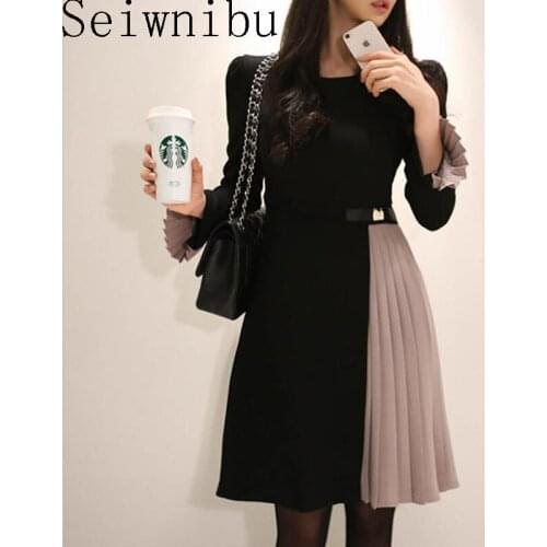 2019 newest women spring autumn ruffles pleated dress office lady flare sleeve patchwork elegant party dresses