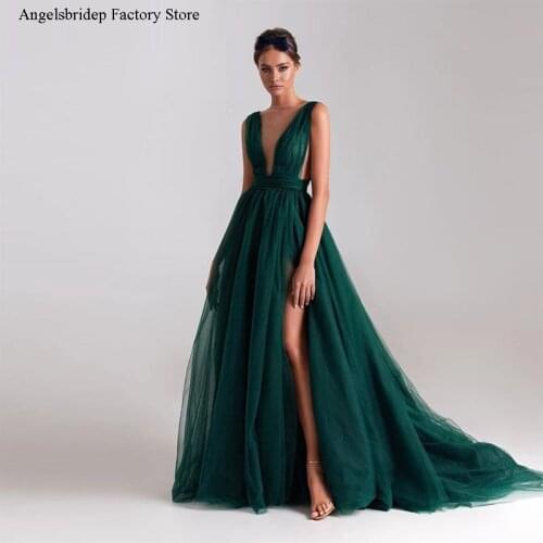 2021 Modern Dark Green Tulle A Line Long Evening Dresses Sheer Neck High Side Slit Sexy Prom Gowns Women Special Occasion Wear