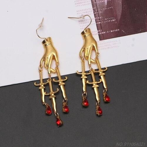 Golden Hand Dagger Drop Earrings Gothic Witchy Hand Earrings Holy Hand Red Crystal Dangle Earring Fashion Jewelry Women Dropship