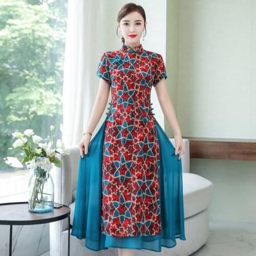 2021 Vietnam Aodai Dress for Women Chinese Traditional Plus Size Qipao Dress Retro Print Elegant Cheongsam Asian Clothes Vestido