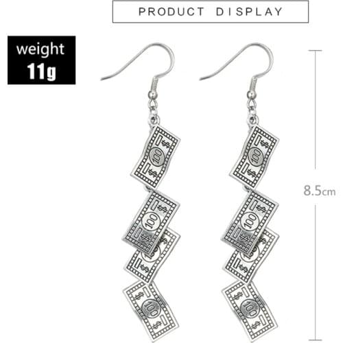 Antique Sliver Funny 100 Dollar Bill Money Currency Dangle Earrings For Women Dropshipping