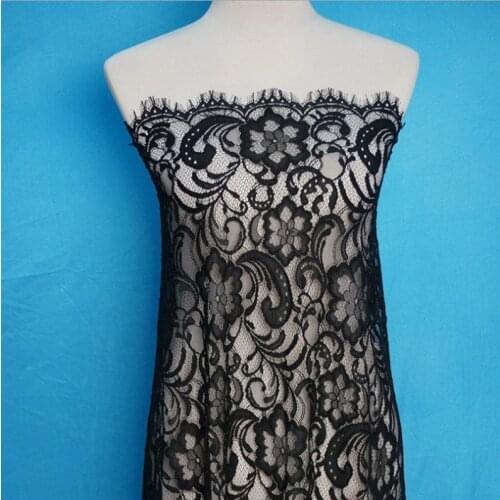 Off white/black french chantilly lace fabric with scalloped for prom dress, clothing, bridal gowns 3 yards