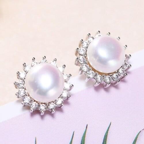 DAIMI 7-8mm Freshwater Pearl Earrings Sun Shape 925 Sterling Silver Studs Earrings For Women Gift