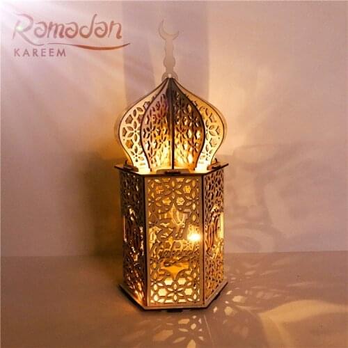 Wooden Decorative Plates Golden LED Lantern Lamp Eid Mubarak Muslim Islam Decoration Palace Night Lights Ramadan Kareem Ornament
