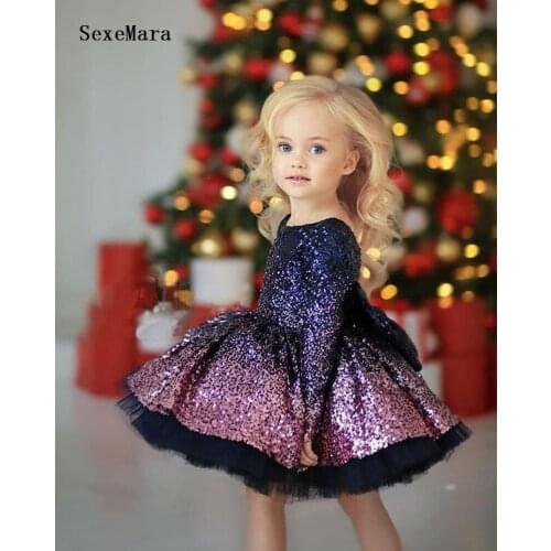 Glitter Sequined Kids Cloth Long Sleeve Princess Gown Infant 1 Year Birthday Dress Christening Party Dress Photoshoot