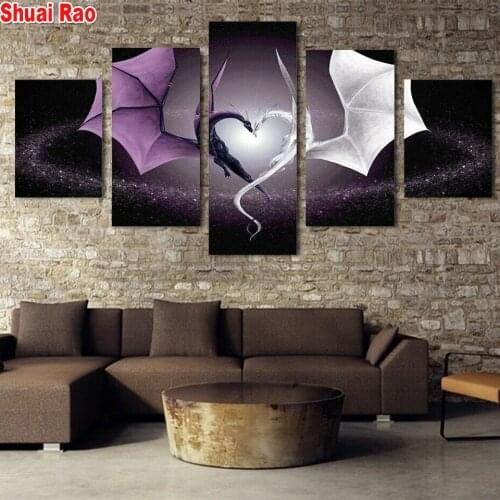 Purple and White Dragon Heart 5 Panel 5D diy Diamond painting mosaic square round drill embroidery cross stitch wall hanging