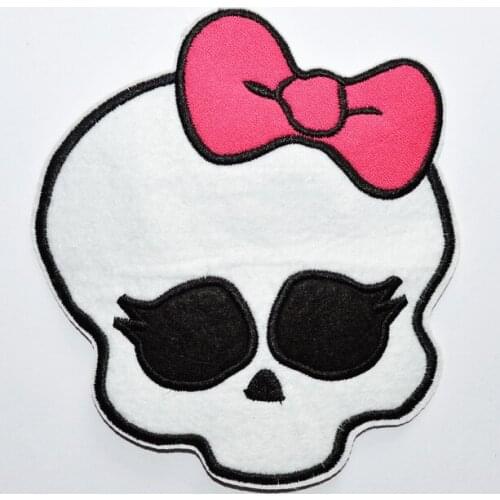 Hot! Skull Girl Pink butterfly tie Embroidered Iron On Applique Patch (Size is about 11.5 * 12.7 cm)