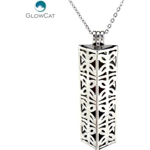 K174 Silver Butterfly Rectangle Locket Necklace Pearl Cage Stainless Rolo Chain Aroma Essential Oil Diffuser Locket
