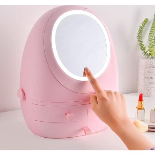 Creative Cosmetic Storage Box with Light LED Lamp Mirror Drawer Plastic Storage Box Skin Care Product Dustproof Cosmetic Case