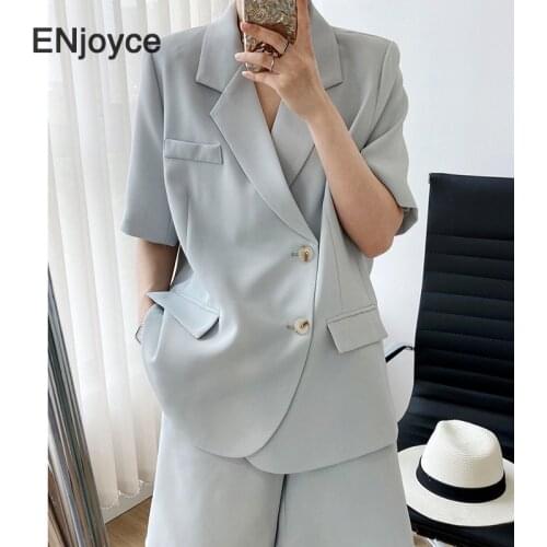 Summer Short Sleeve Blazer and Shorts Suits 2 Pieces Set Women Korean Fashion High Waist Wide Leg Work Wear Outfits Suits Sets