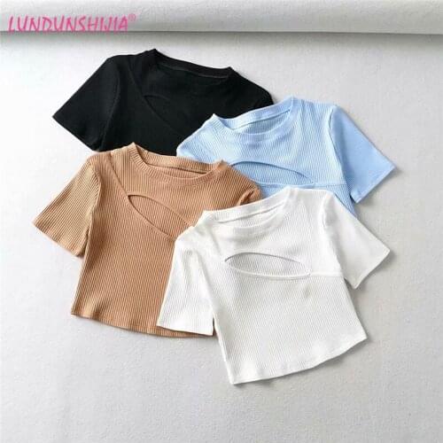 LUNDUNSHIJIA Fashion Sexy Hollow Out On The Chest 2021 Summer Woman Slim Fit T-Shirt Tight Short-Sleeve O-neck Tee Crop Tops