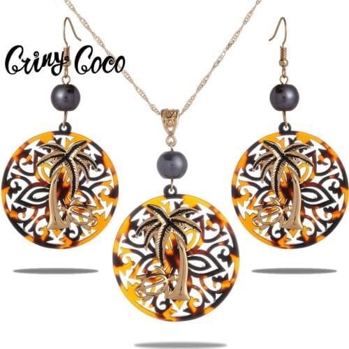 Cring Coco Round Jewelry Sets Trendy Guam Hawaiian Kiribati Flower Acrylic Alloy Drop Earring Earrings Necklaces for Women 2021