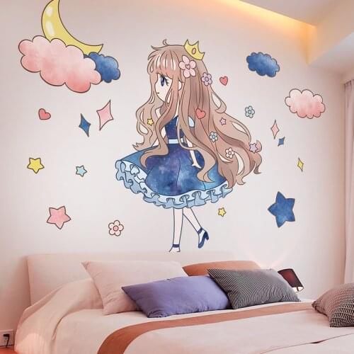 [SHIJUEHEZI] Long Hair Girl Wall Stickers DIY Stars Moon Clouds Wall Decals for Kids Room Baby Bedroom Dorm Home Decoration