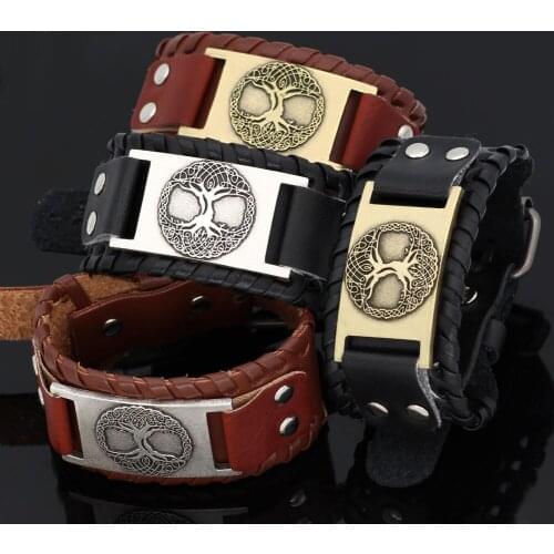 Nodic viking tree of life leather amulet odin bracelet -adjustable size 19-30 cm