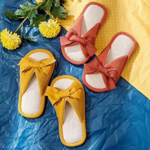 New Arrival Fashion Girl House Slippers Bow Cotton Linen Comfortable Girl Shoes No-Slip On Japanese Style Home Slippers