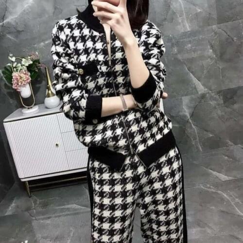2021 Autumn Spring Dress New Black and White Plaid Knitted Suit Fashion Foreign Style Sweater Casual Pants