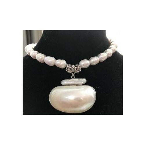 17" 10-13mm white biwa dens freshwater pearl necklace mabe pendant