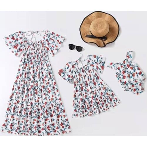 Flower Print Mother Daughter Matching Dresses Family Look Mommy and Me Clothes Outfits Mom Mum & Baby Women Girls Dress