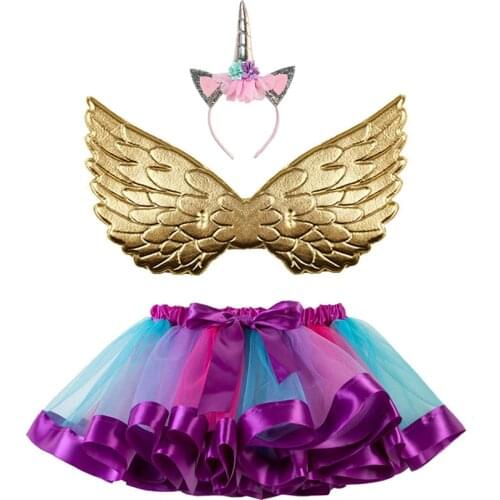 Rainbow Pony Girls Birthday Tutu Set Fluffy Tulle Fancy Dress Up Party Outfit with Headband Wings Halloween Costume for Kids