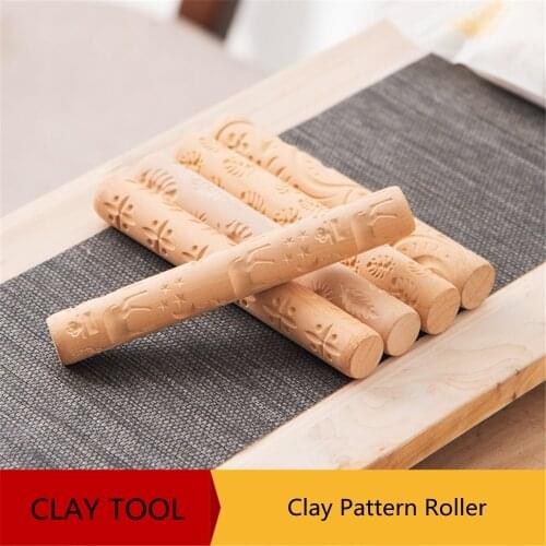 Clay Pattern Roller Wooden Handle Pottery Tools Flower Relief Wood Hand Rollers for Clay Clay Stamp