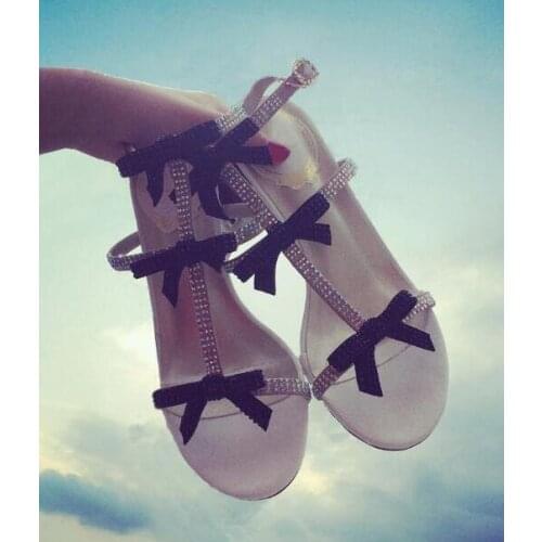 Summer Hot Rhinestone T-Straps Ladies Ankle Buckle Sandals Luxury Crystal Bow Women Sandals 6cm Med Heel Female Dress Shoes