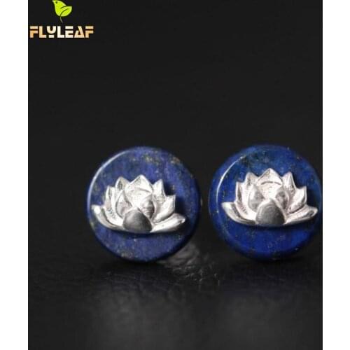 925 Sterling Silver Lapis Lazuli Lotus Flower Stud Earrings Ethnic Style Elegant Lady Prevent Allergy Sterling-silver-jewelry