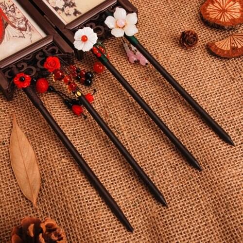 Vintage Costume Wood Flower Hairpin For Women Girl Hair Clip Handmade Antique Hair Stick Hair Accessories