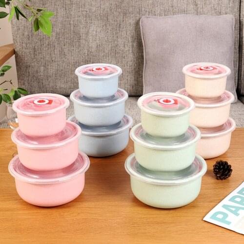 Three-Piece Wheat Straw Fresh-Keeping Bowl With Lid Household Microwaveable Plastic Round Lunch Box