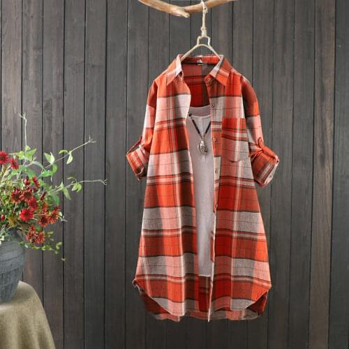 Women Autumn Long Sleeve Shirt Coat Stylish Loose Vintage Outerwear Tops Cotton Casual Plaid Blouse Jacket Female Medium Long
