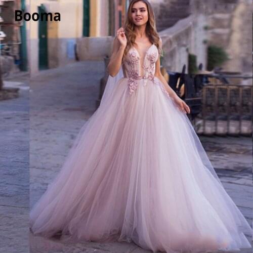 Booma 2020 Tulle Boho Wedding Dresses Long Cap Sleeves 3D Appliques Backless Purple Bridal Gown Long Train Princess Party Dress