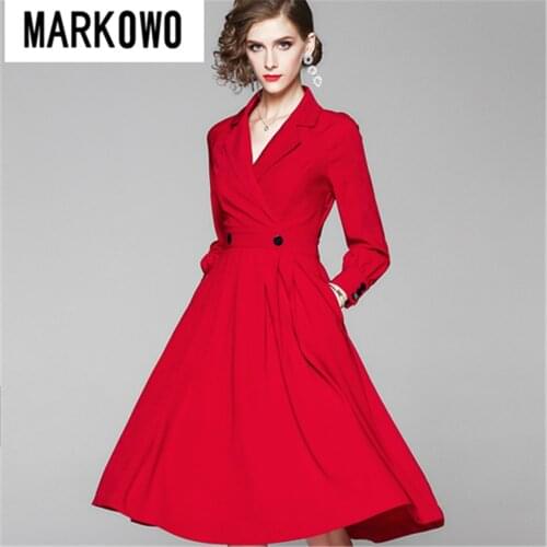 MARKOWO Desinger Brand 2020 Autumn and winter new female popular suit collar A-line temperament waist dress