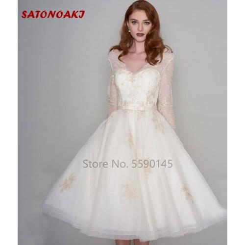 Long Sleeves Knee Length Short Wedding Dress Lace V Neck A-Line Low Back Princesa Bridal Gowns Vestido De Novia Undefined Online