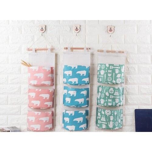 1PC Cotton Linen 3 Pocket Hanging Organizer Bag Door Wall Multi-layer Holder Makeup Jewelry Storage Box Home Decoration NX 045