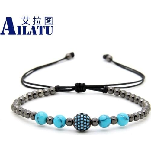 Ailatu Wholesale 10pcs/lot 4mm Gunblack Copper Beads with Natural Blue Cz Beads Macrame Bracelets Mens Party Gift