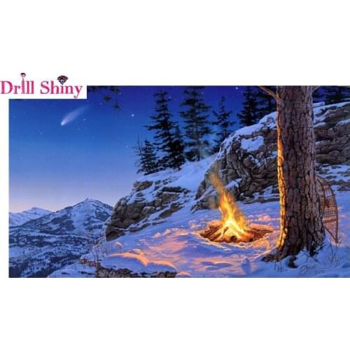 Diamond Painting Winter Cross Stitch Patterns Painting Snow Forest Landscape DIY 3D Diamond Embroidery Fire Mosaic